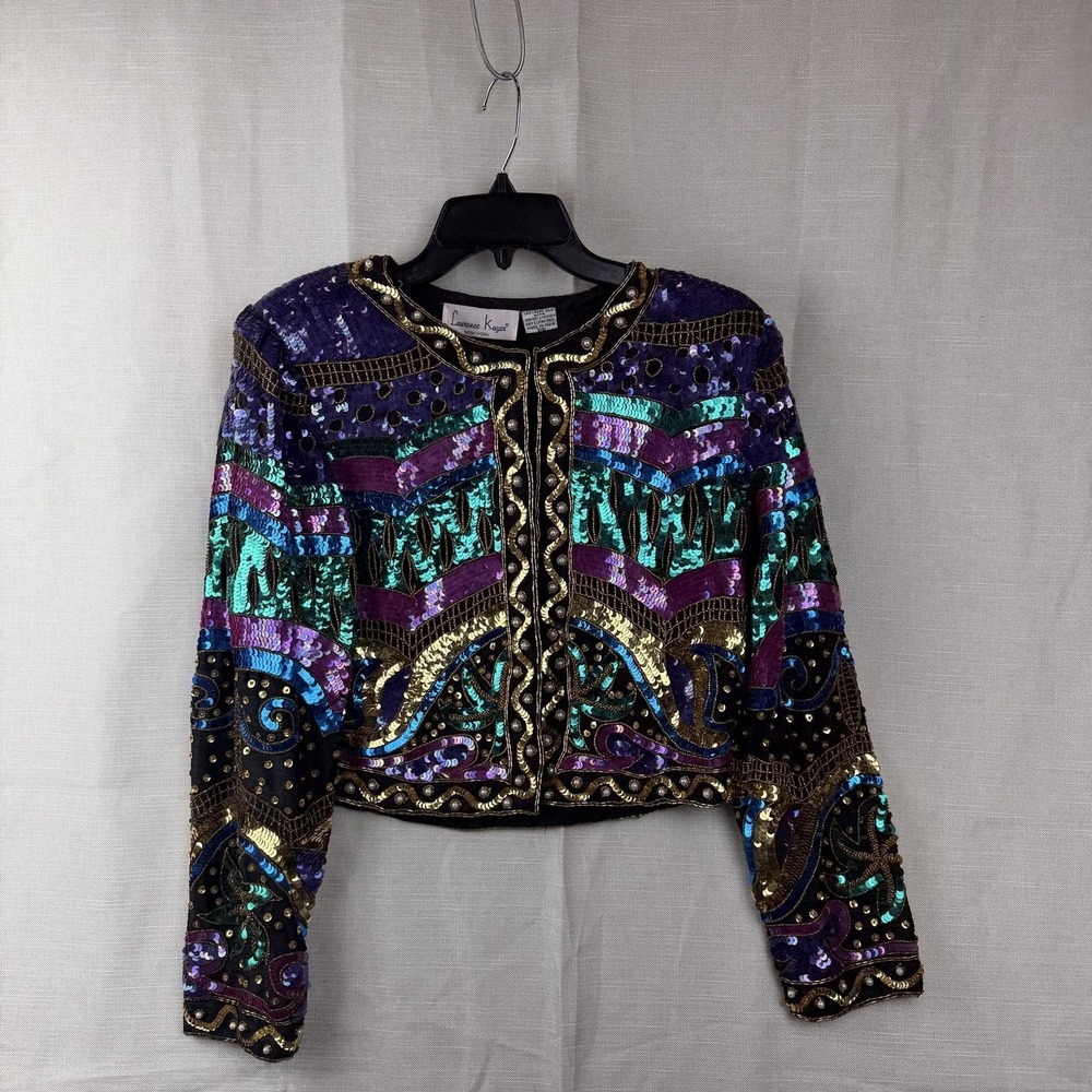 Vintage Laurence Kazar Jacket Womens Medium Multicolor Beaded Sequin Silk 80s